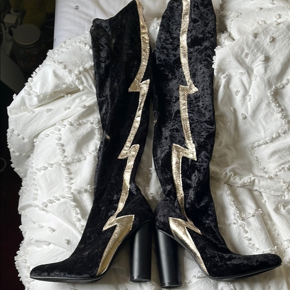 Gypsy Warrior Black and Gold Heeled Boots with Lightning Design